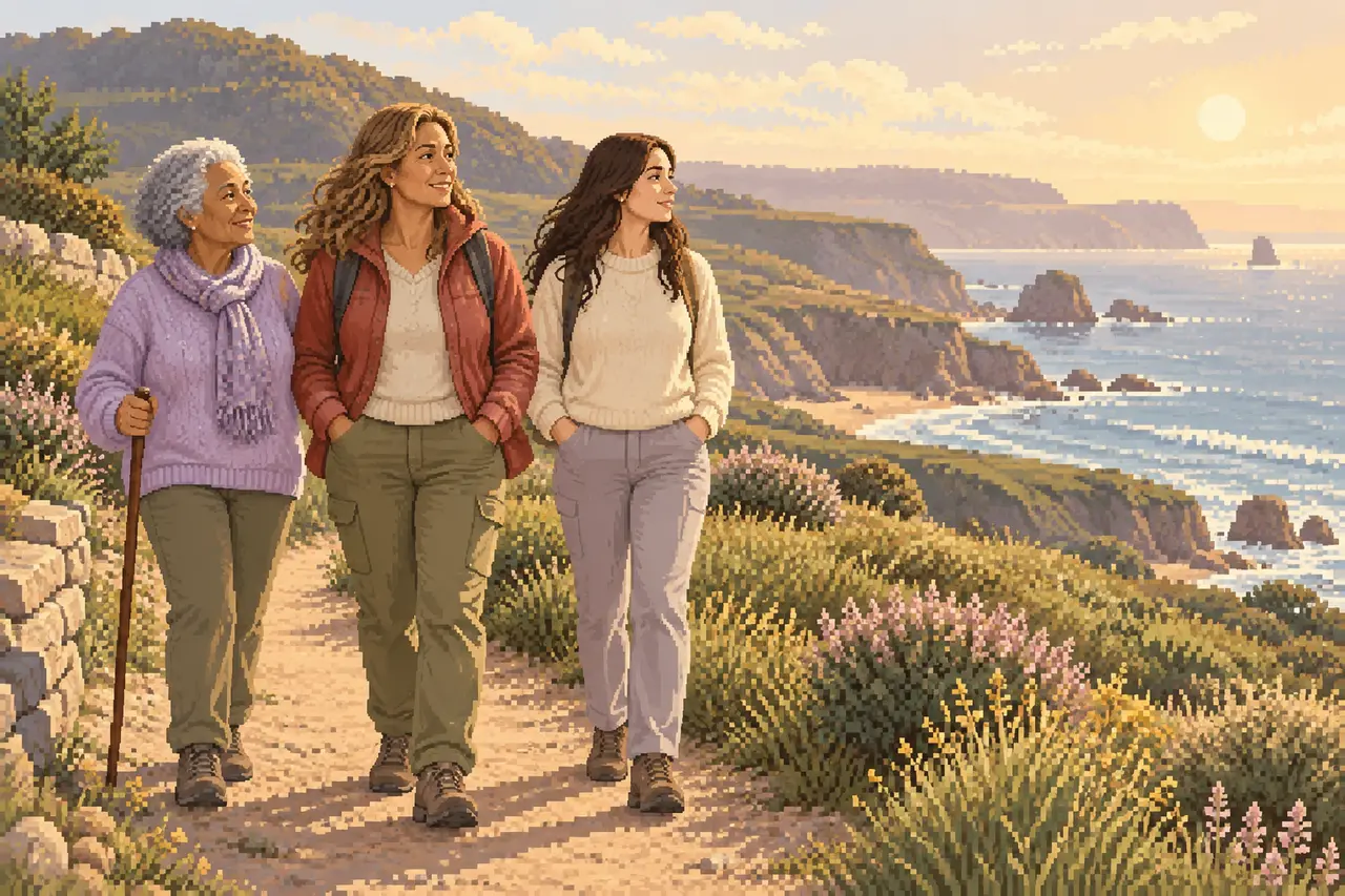 Pixel-Art-Illustration von drei Frauen verschiedener Generationen, die bei goldenem Abendlicht auf einem Küstenpfad wandern.