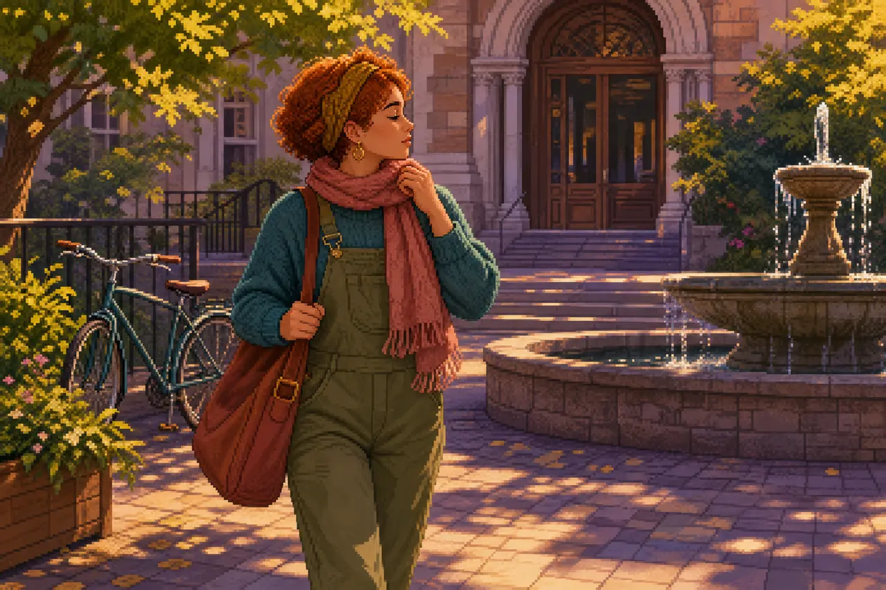 Pixel-art scene of a young woman moving through an everyday situation.