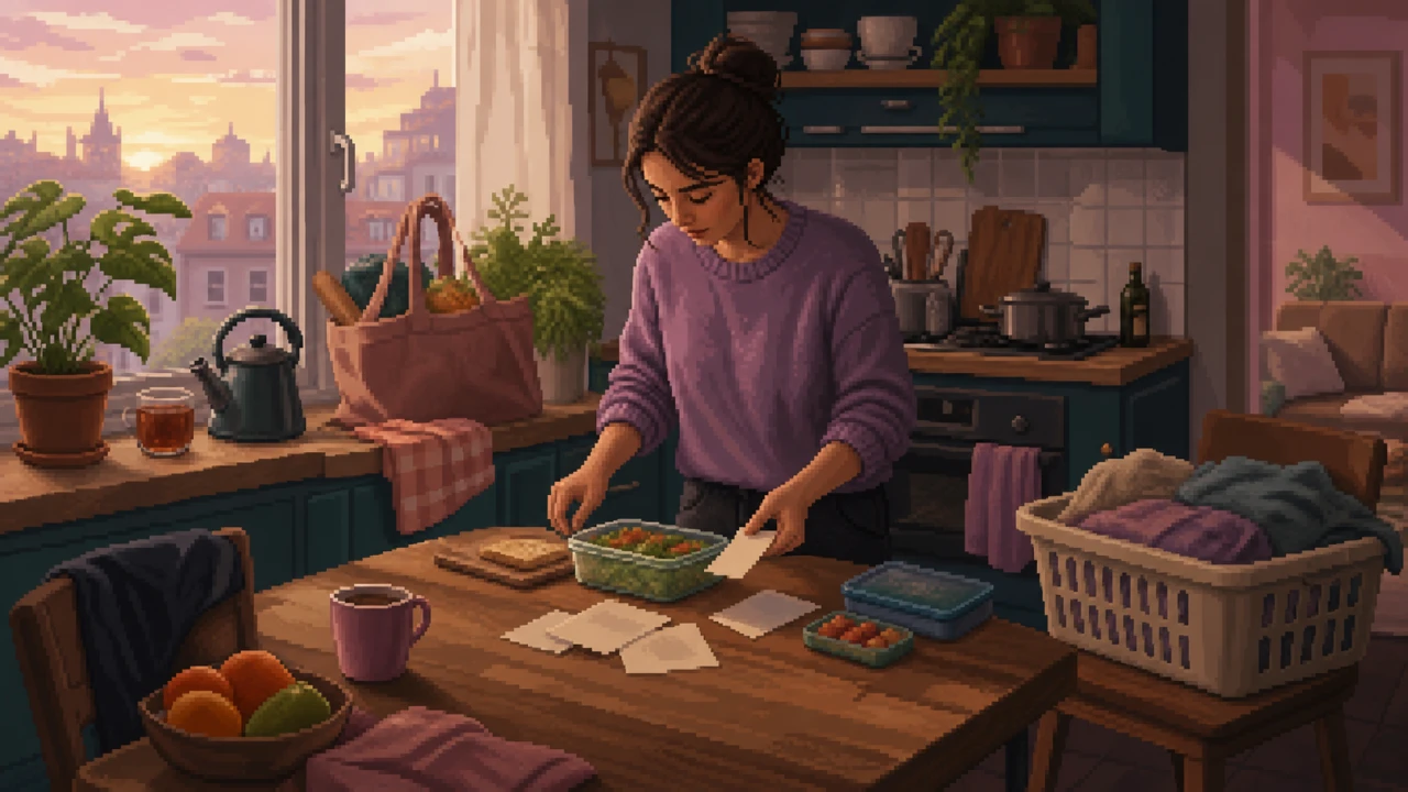 Pixel-art scene of a woman preparing food in a morning kitchen while notes and a laundry basket sit by the table.