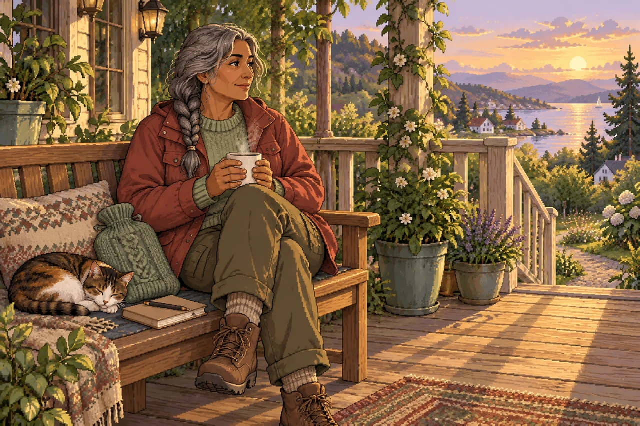 Pixel-Art-Illustration: Eine Frau sitzt mit einer Tasse Tee auf einer Verandabank, neben ihr eine Wärmflasche, ein Notizbuch und eine schlafende Katze.