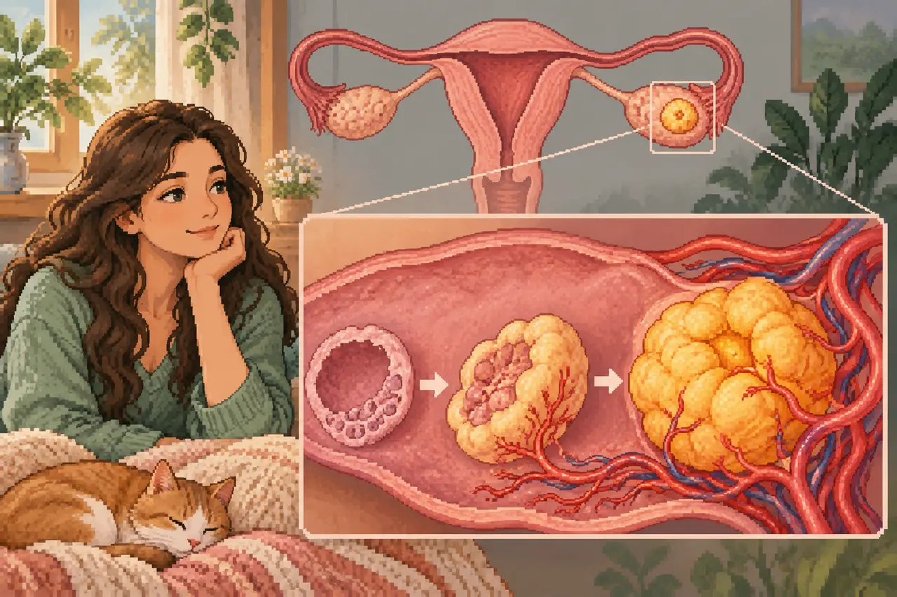 Pixel art illustration of a young woman resting by a sleeping cat next to an anatomical diagram of the uterus and ovarian cycle.