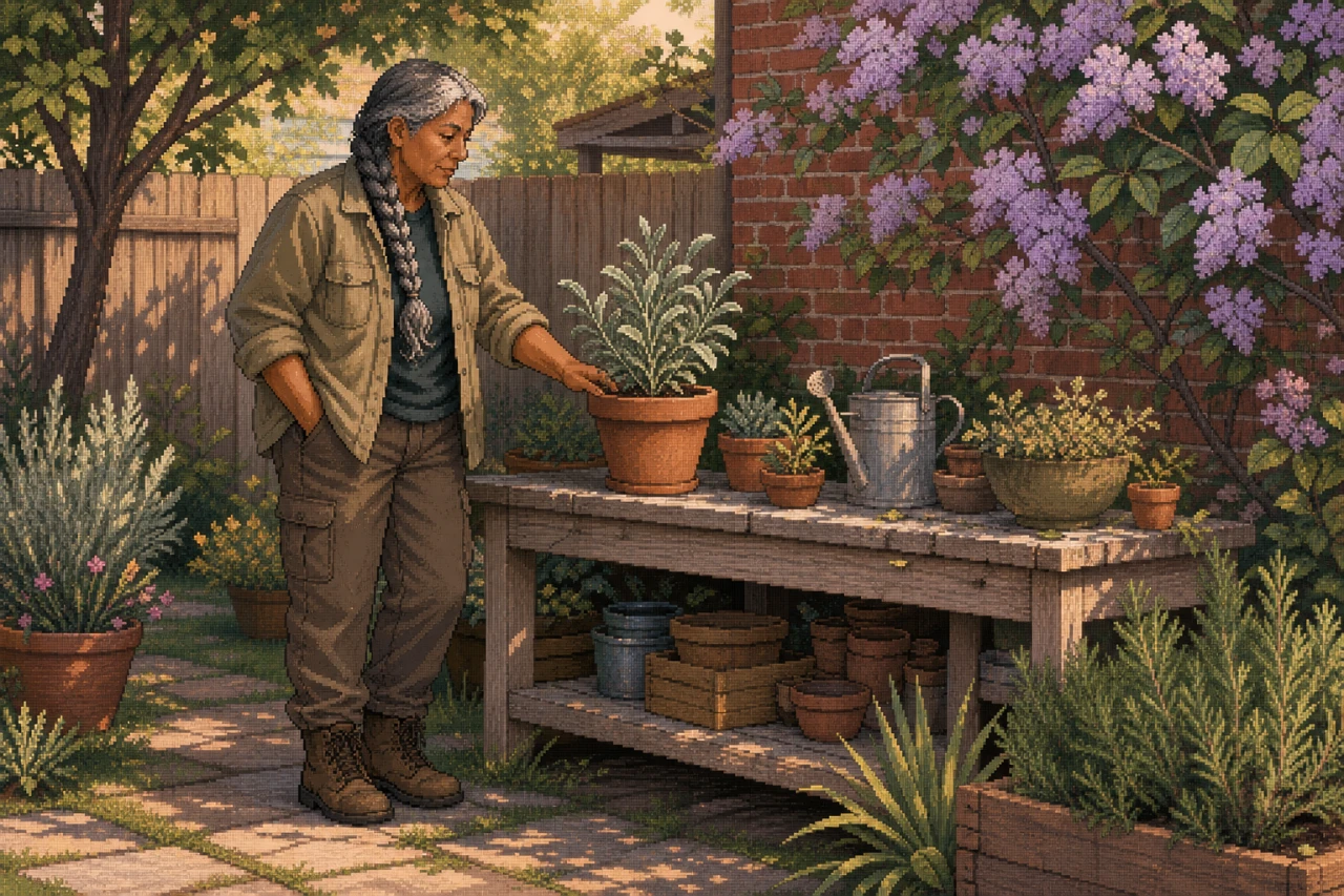 Tan-skinned person with a long grey braid and practical outdoor clothing stands off-centre in a garden with a brick wall and sage, calmly touching a plant.