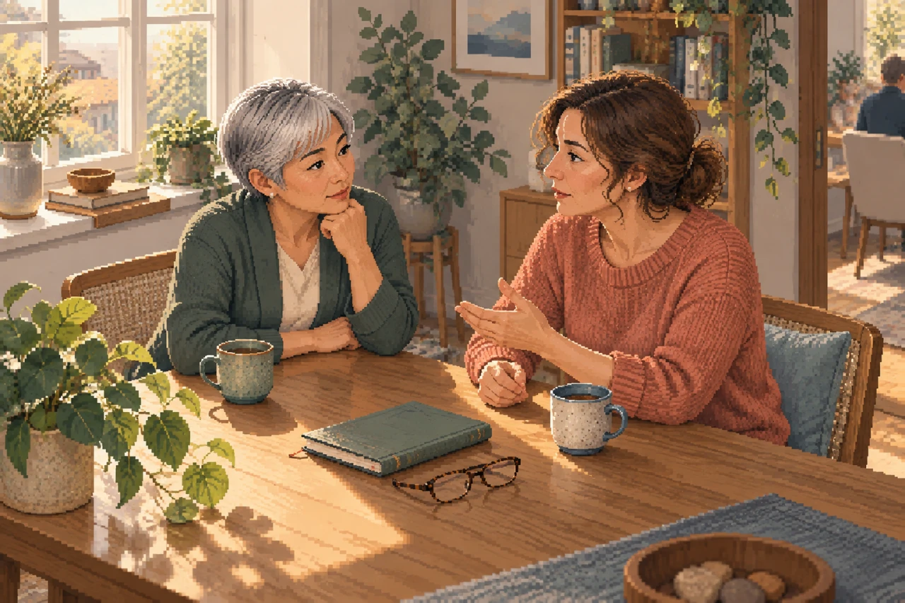 Two women sit at a sunlit wooden table and converse over hot drinks.