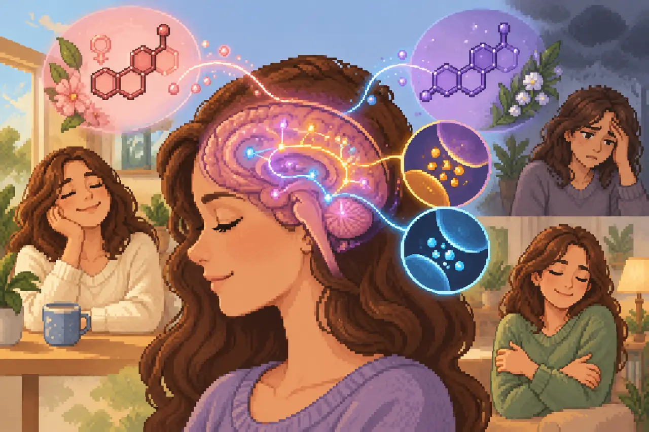 Pixel-Art-Illustration einer Frau mit sichtbarem Gehirnprofil, umgeben von chemischen Formeln, Synapsen und verschiedenen Alltagsszenen ihrer Gefühlslagen.