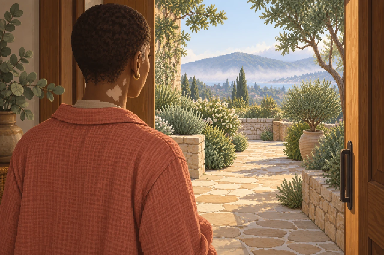Illustration of a person in a terracotta robe standing in an open doorway, looking out at a sunlit Mediterranean garden.