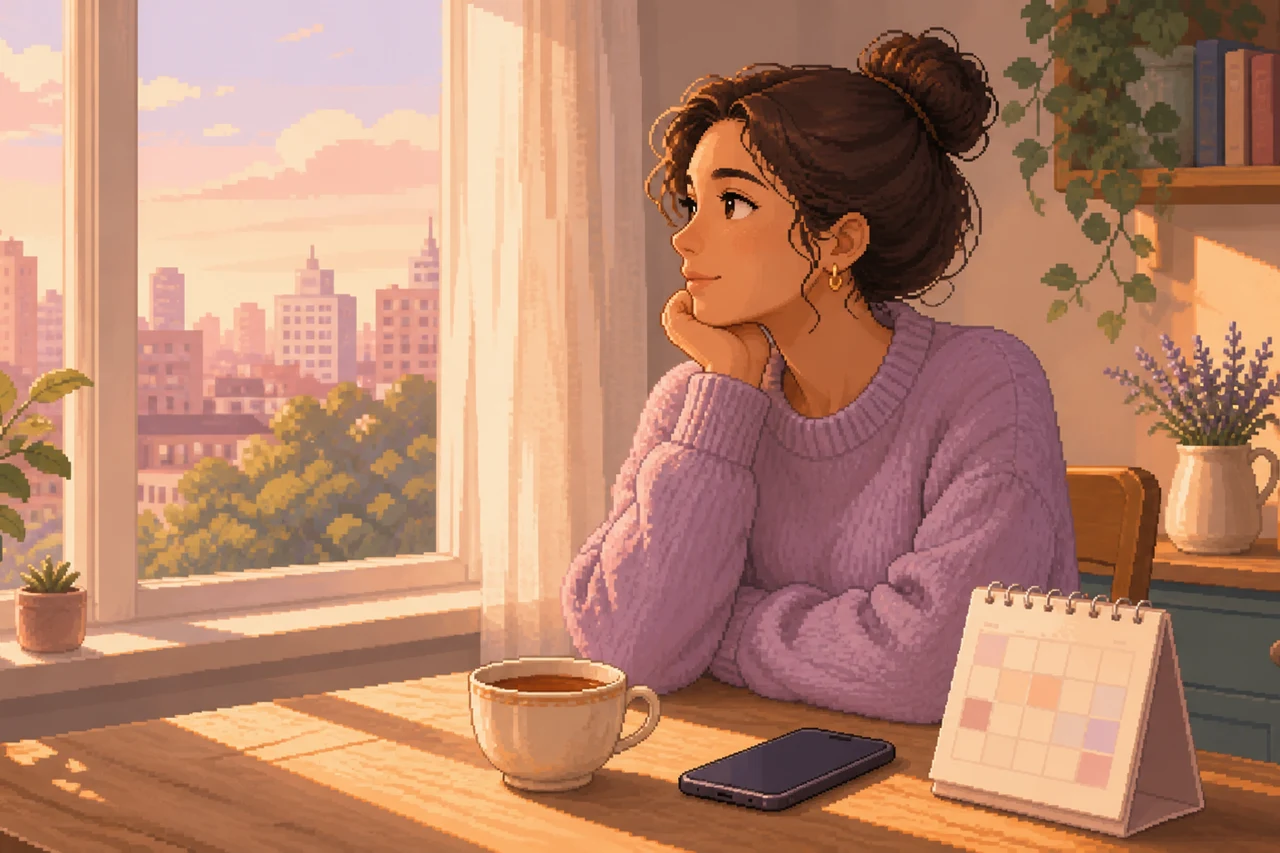 Warme Pixel-Art-Szene einer Frau am Tisch mit Smartphone und Kalender im Morgenlicht.