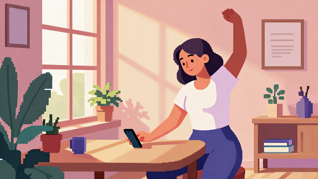 Pixel-art scene of a person stretching by a window with a smartphone in hand.