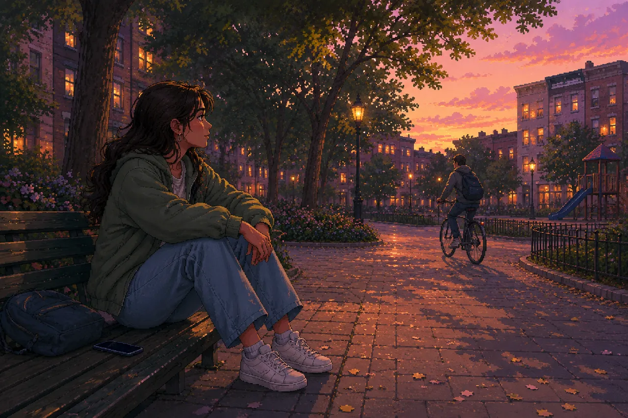 Pixel-Art-Szene bei Sonnenuntergang: Eine junge Frau sitzt ruhig auf einer Parkbank, während ihr Smartphone ungenutzt neben ihr liegt und ein Radfahrer vorbeifährt.