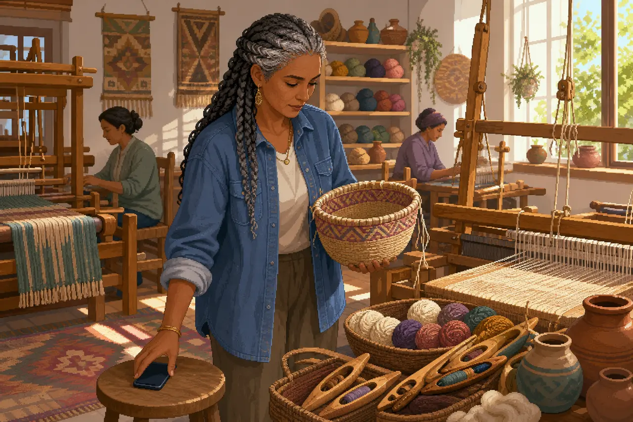 Pixel-art scene of a woman in an everyday community or work situation.