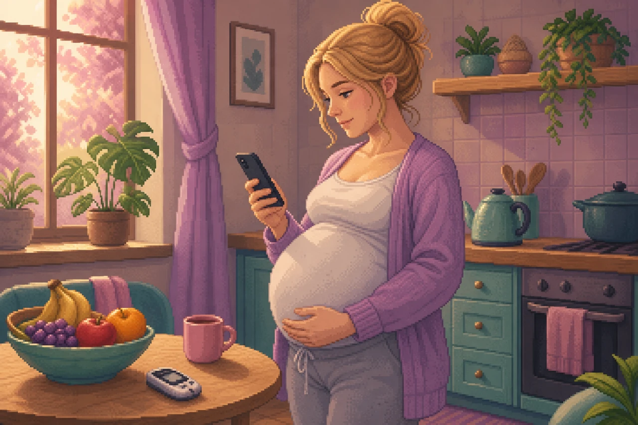 Schwangere Frau in einer ruhigen Alltagsszene als warme Pixel-Art.