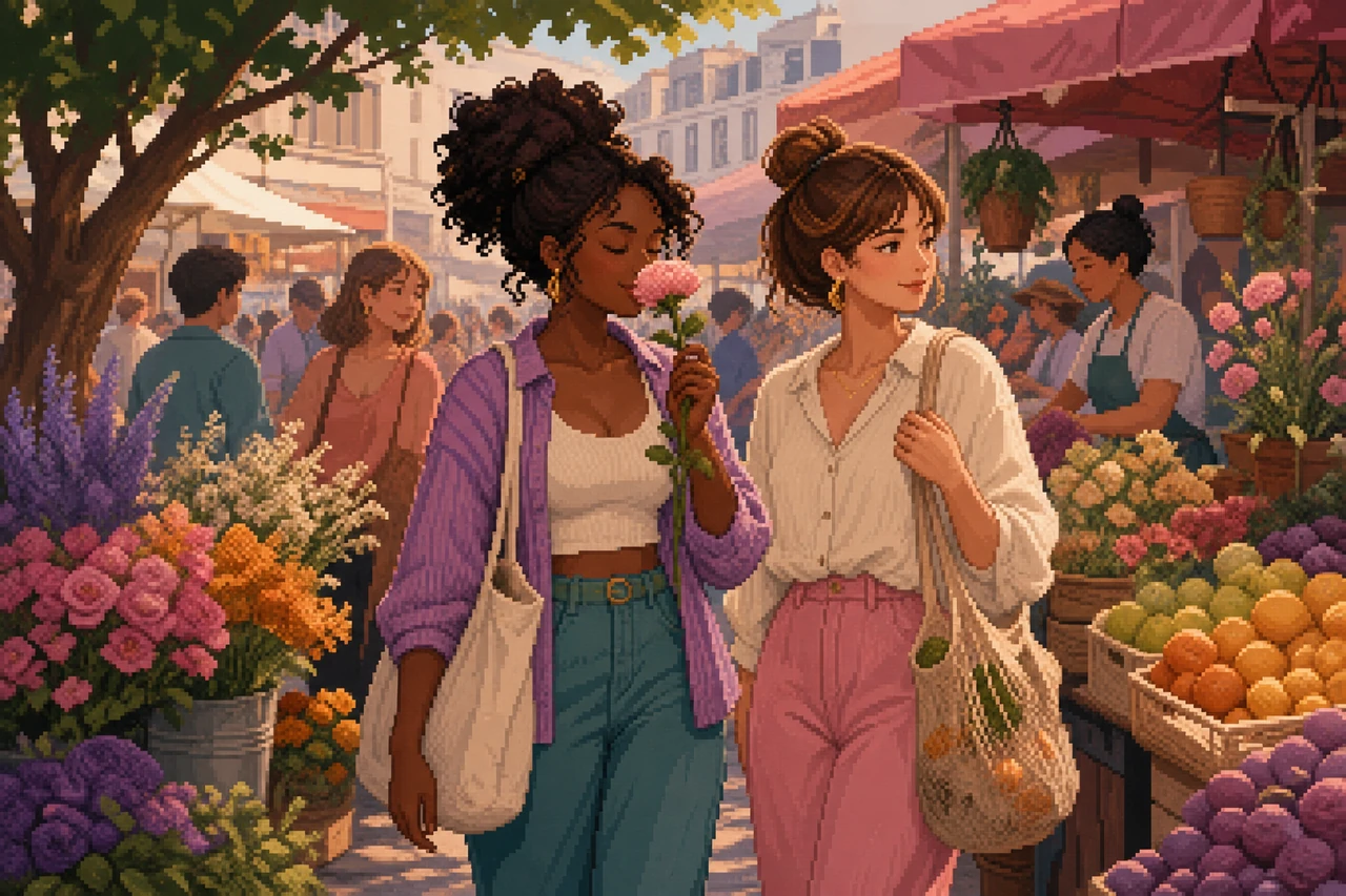 Pixel-art scene of two young women at a weekly market.