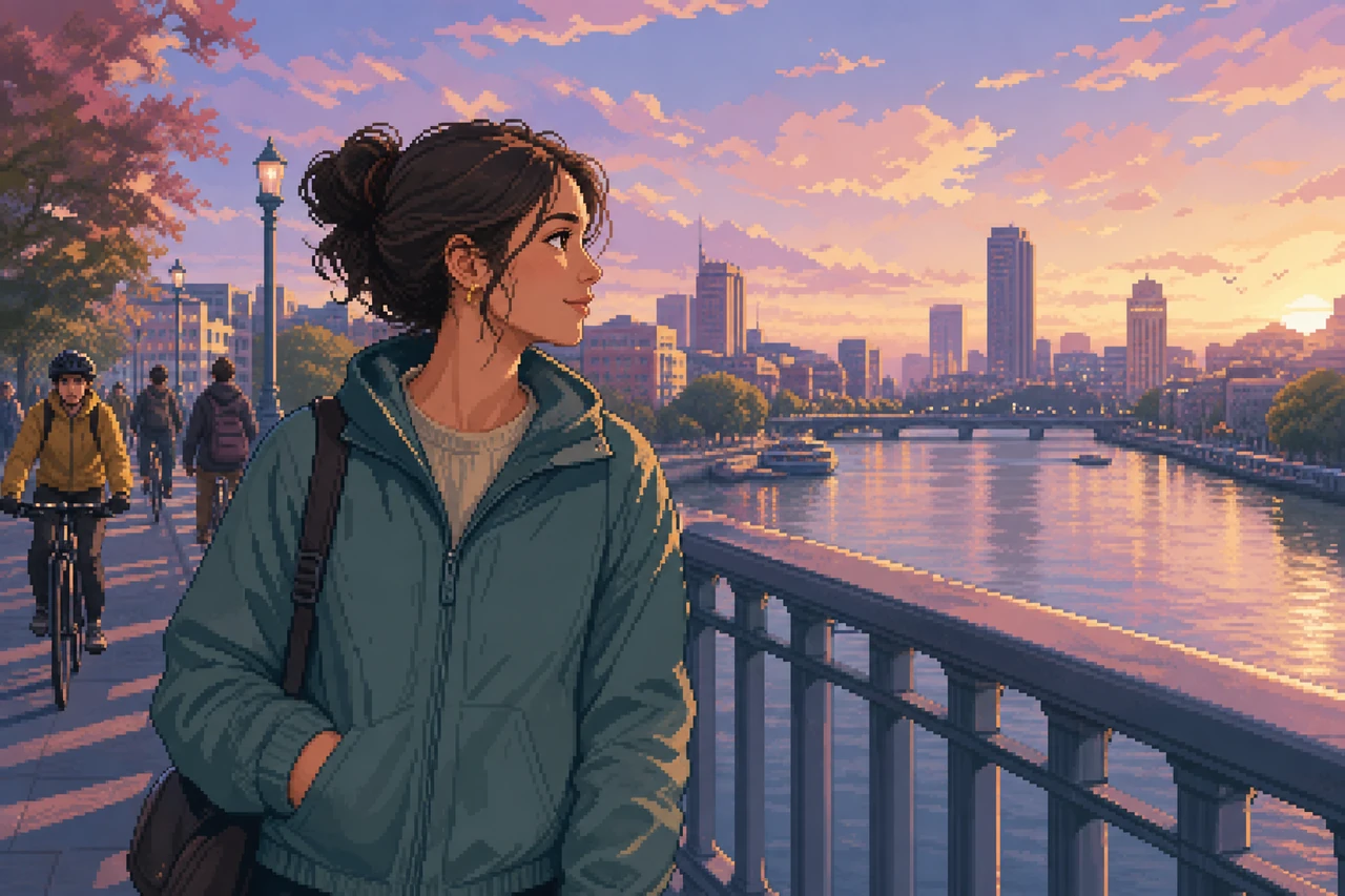 Pixel-Art-Szene einer jungen Frau auf einer Fußgängerbrücke am Fluss.