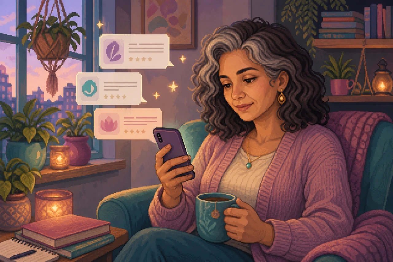 Pixel-Art-Szene einer Frau mittleren Alters in einem Kulturort mit einem Heft ohne lesbaren Text.