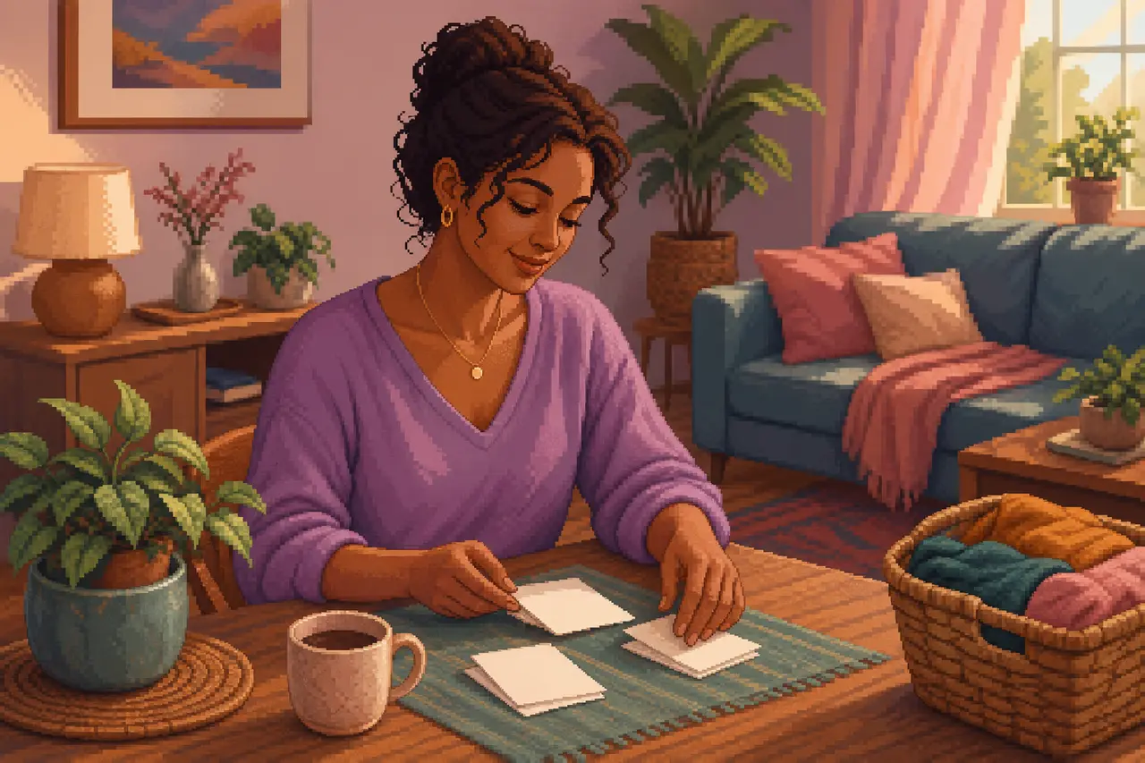 Pixel-art scene of an adult woman sorting notes at a table and pausing for a moment.