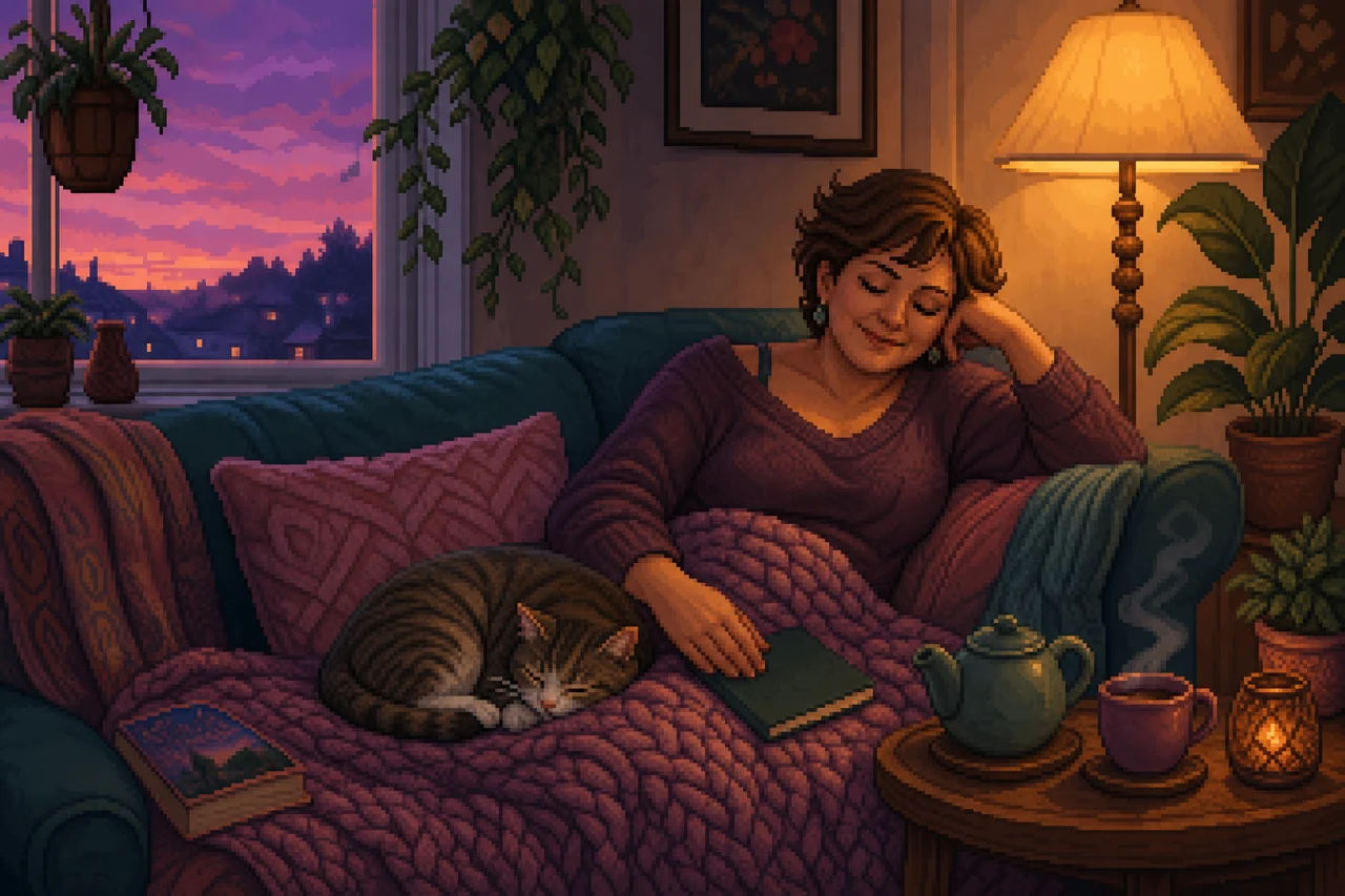 A woman relaxing on the couch with her cat.