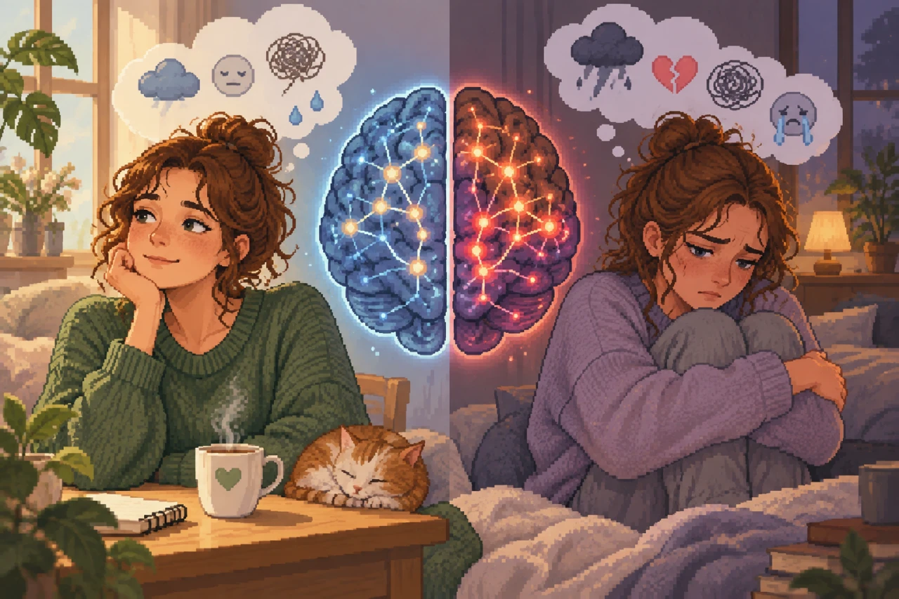 Pixel art split illustration of a woman in two states, smiling calmly by a desk and huddled sadly in bed, separated by a glowing brain.