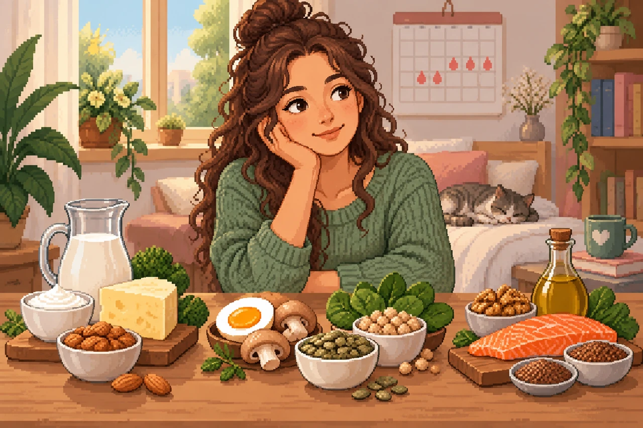 Pixel art illustration of a young woman sitting at a table filled with fresh foods like salmon, nuts, dairy, and greens.