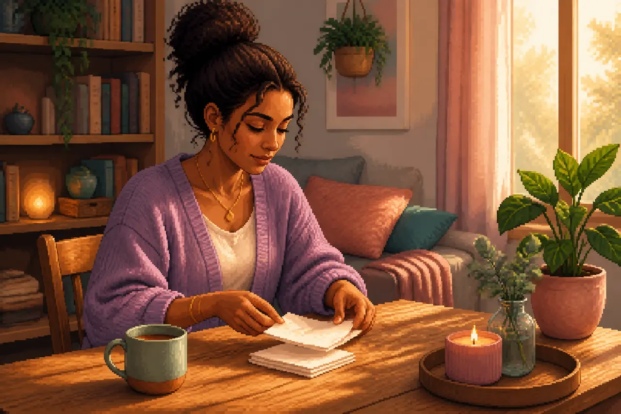 Pixel-art scene of an adult woman sorting notes at a table and pausing for a moment.