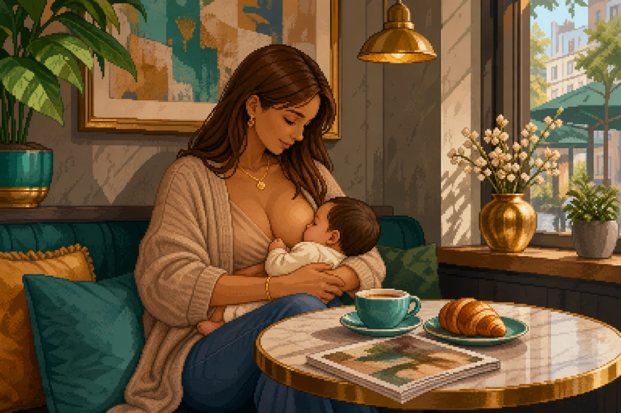Frau mit Baby in einer ruhigen Alltagsszene als warme Pixel-Art.