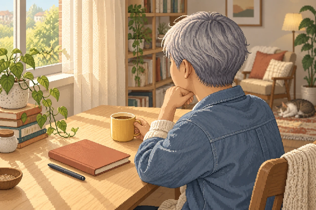 Pixel art illustration of a person in a denim jacket sitting at a sunlit wooden desk with a yellow mug, looking out the window.