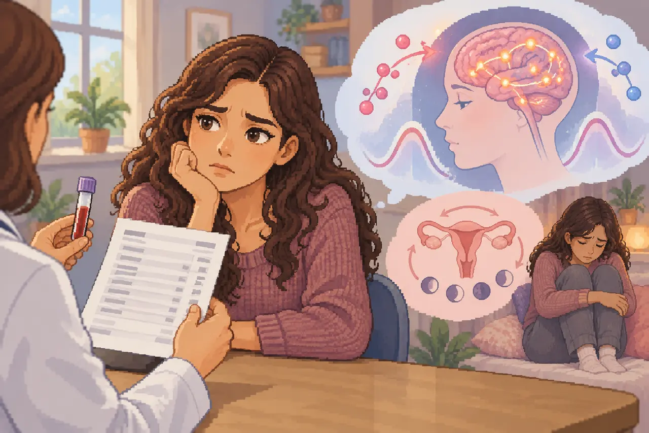 Pixel art illustration of a worried young woman speaking with a doctor who holds a blood test tube and paperwork.