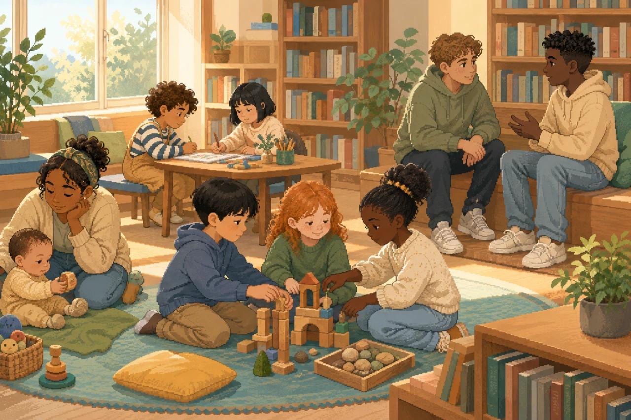 Pixel-art scene with diverse children and adolescents aged 0 to 15 playing and talking together in a library.