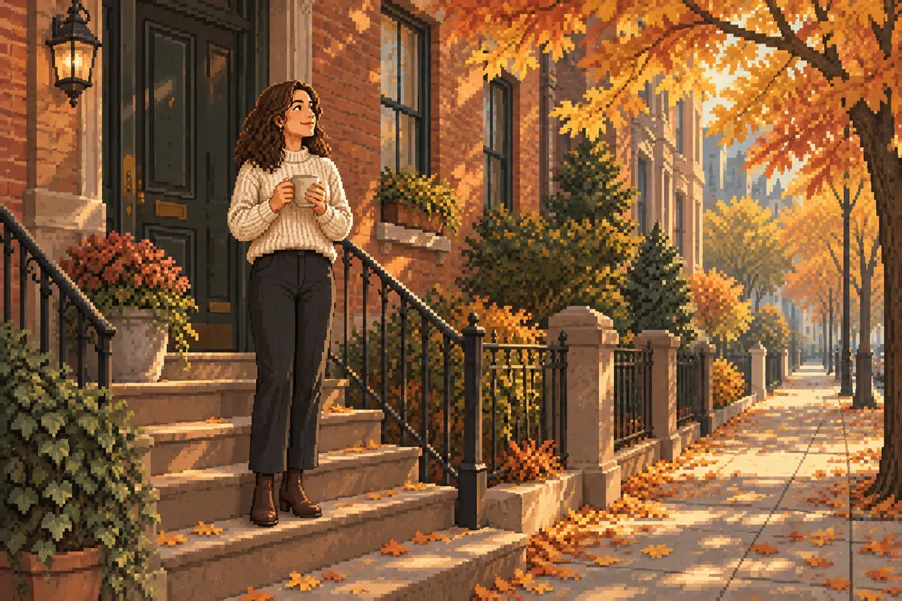 Pixel art illustration of a woman in a sweater holding a mug on the front steps of a brick townhouse in autumn.