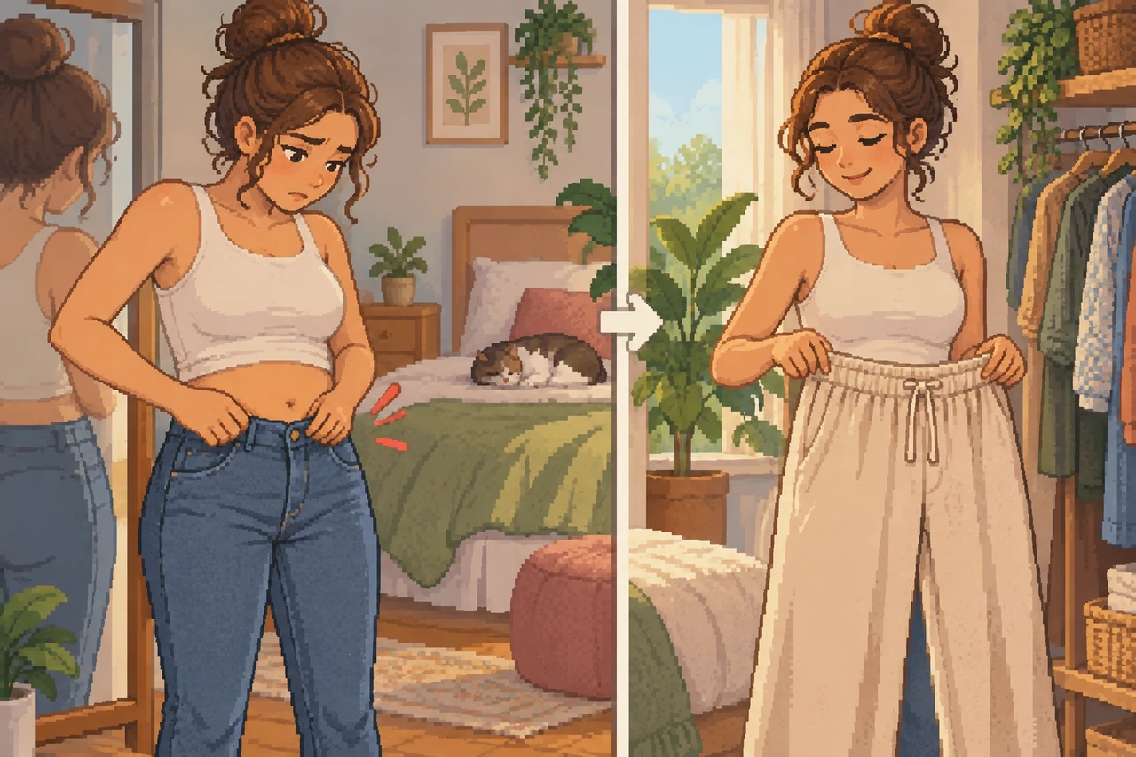 Pixel-Art-Vergleich einer Frau im Schlafzimmer, die links mit einer engen Jeans hadert und sich rechts über eine bequeme Hose freut.