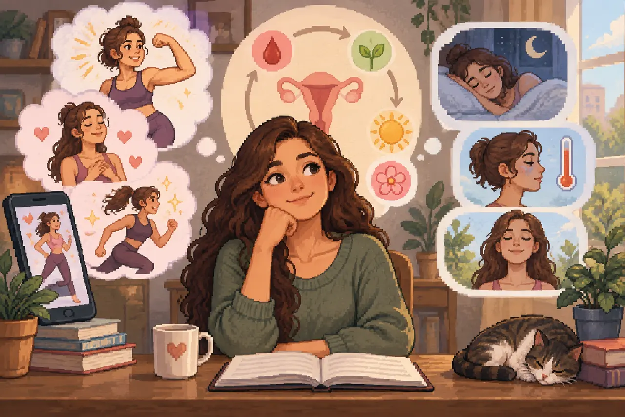 Pixel art illustration of a thoughtful young woman sitting at a desk, surrounded by thought bubbles illustrating phases of the menstrual cycle.