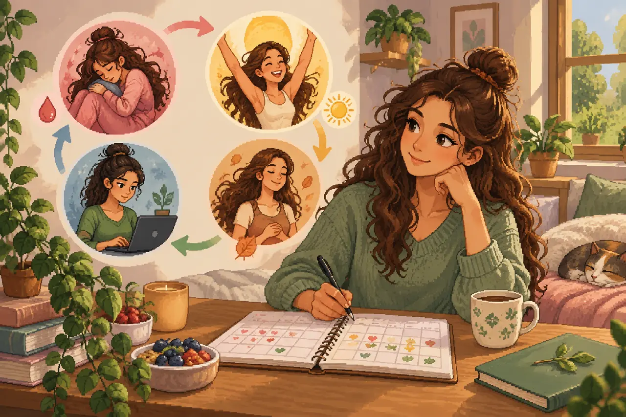 Pixel art illustration of a woman sitting at a sunlit wooden desk with a planner, surrounded by plants and an illustrated cycle of four mood phases.