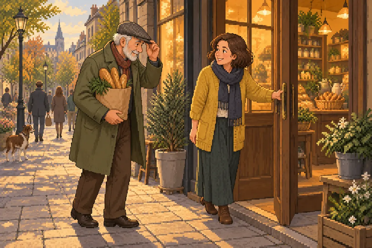 Pixel-Art-Illustration eines älteren Mannes mit Baguettes, der eine lächelnde Frau an der offenen Tür einer Bäckerei grüßt.