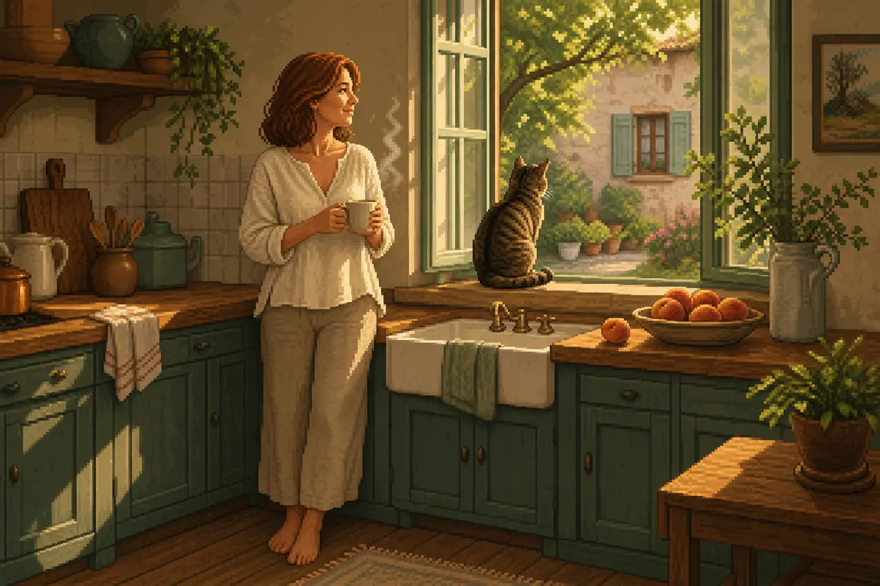 Pixel-Art-Szene eines freundlichen Moments im Alltag.