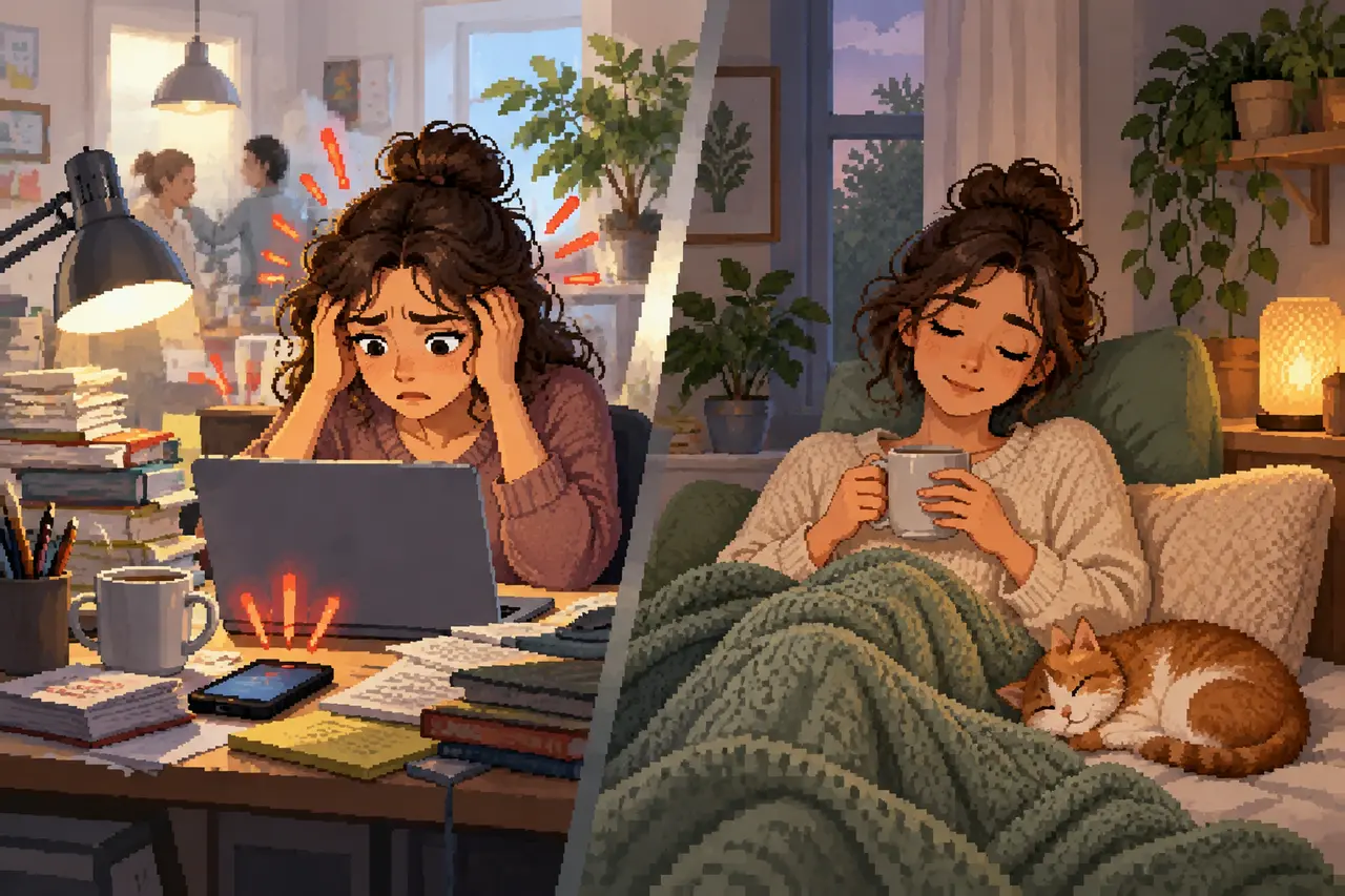 Split pixel art illustration contrasting a stressed woman working at a cluttered desk with a relaxed woman resting with a warm drink and a cat.