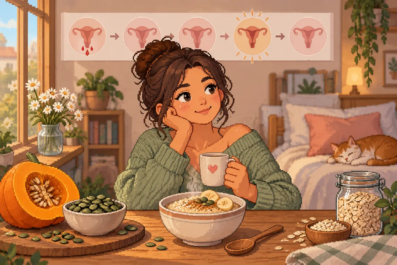 Pixel-Art-Illustration einer Frau an einem Tisch mit Haferbrei und Kürbiskernen, die unter einem Menstruationszyklus-Diagramm eine Tasse hält.