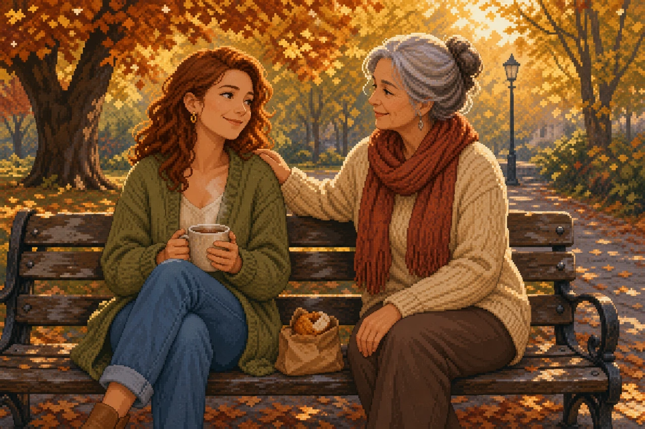 Pixel-Art-Szene eines freundlichen Moments im Alltag.
