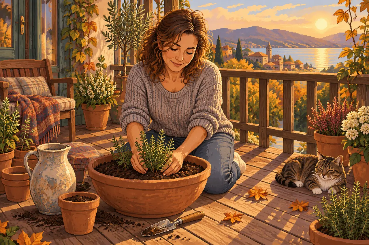 Illustration einer Frau, die auf einem sonnigen Balkon Kräuter in eine Terrakottaschale pflanzt, neben einer schlafenden Katze.