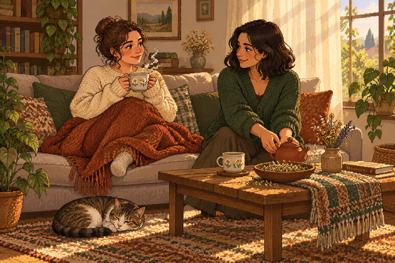 Pixel art illustration of two women drinking tea on a cozy living room sofa while a cat sleeps on the rug in the warm sunlight.