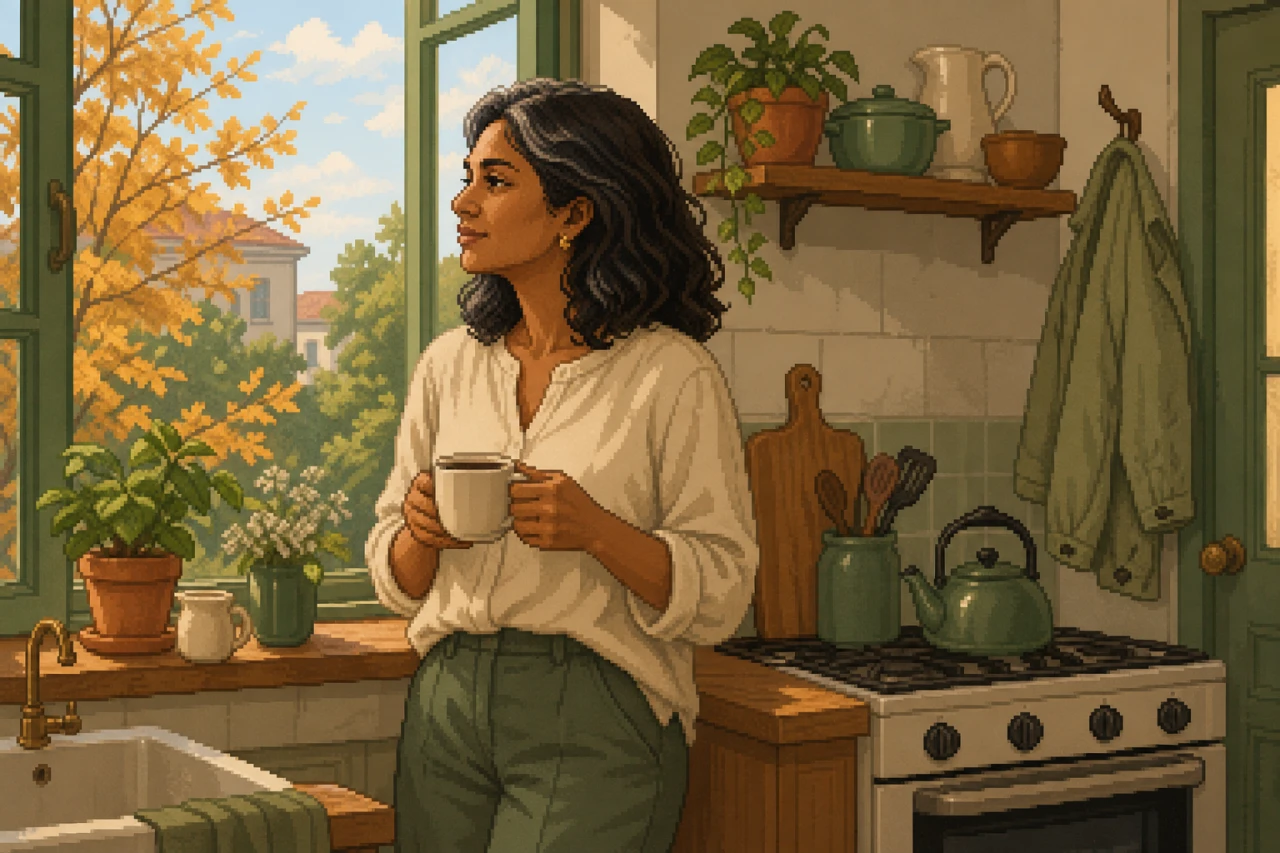 A woman holds a cup of tea by an open kitchen window. Leaves are turning yellow outside.