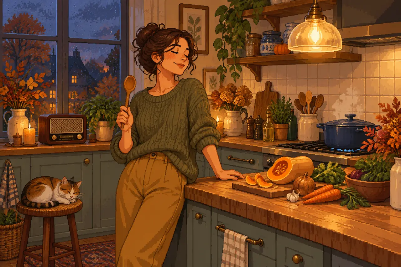 Pixel art illustration of a woman holding a wooden spoon in a cozy kitchen with a sleeping cat and autumn vegetables on the counter.