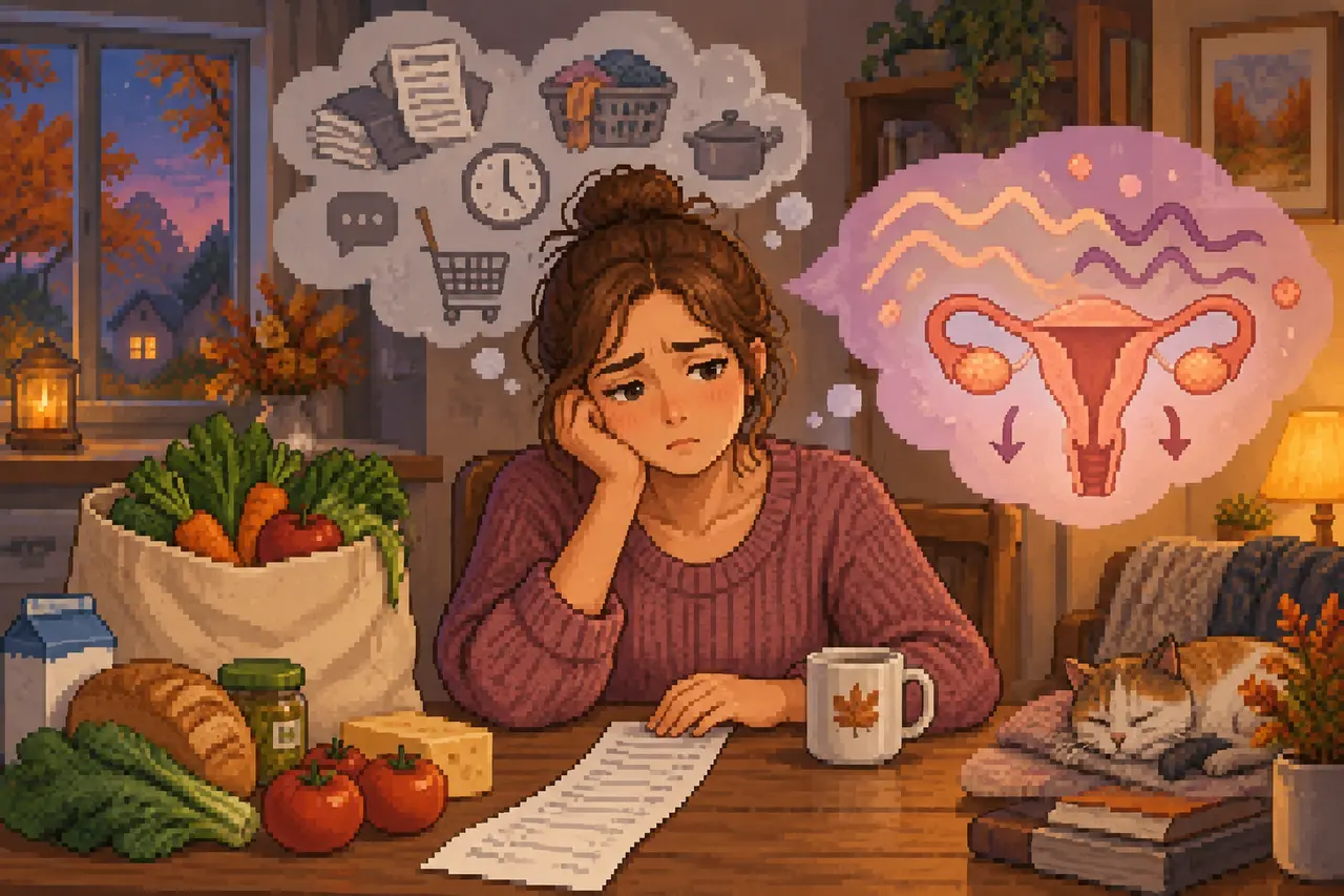 Pixel-Art-Illustration einer erschöpften Frau an einem Tisch mit Lebensmitteln und Quittung, umgeben von Gedankenblasen zu Alltagsaufgaben und Menstruationsbeschwerden.