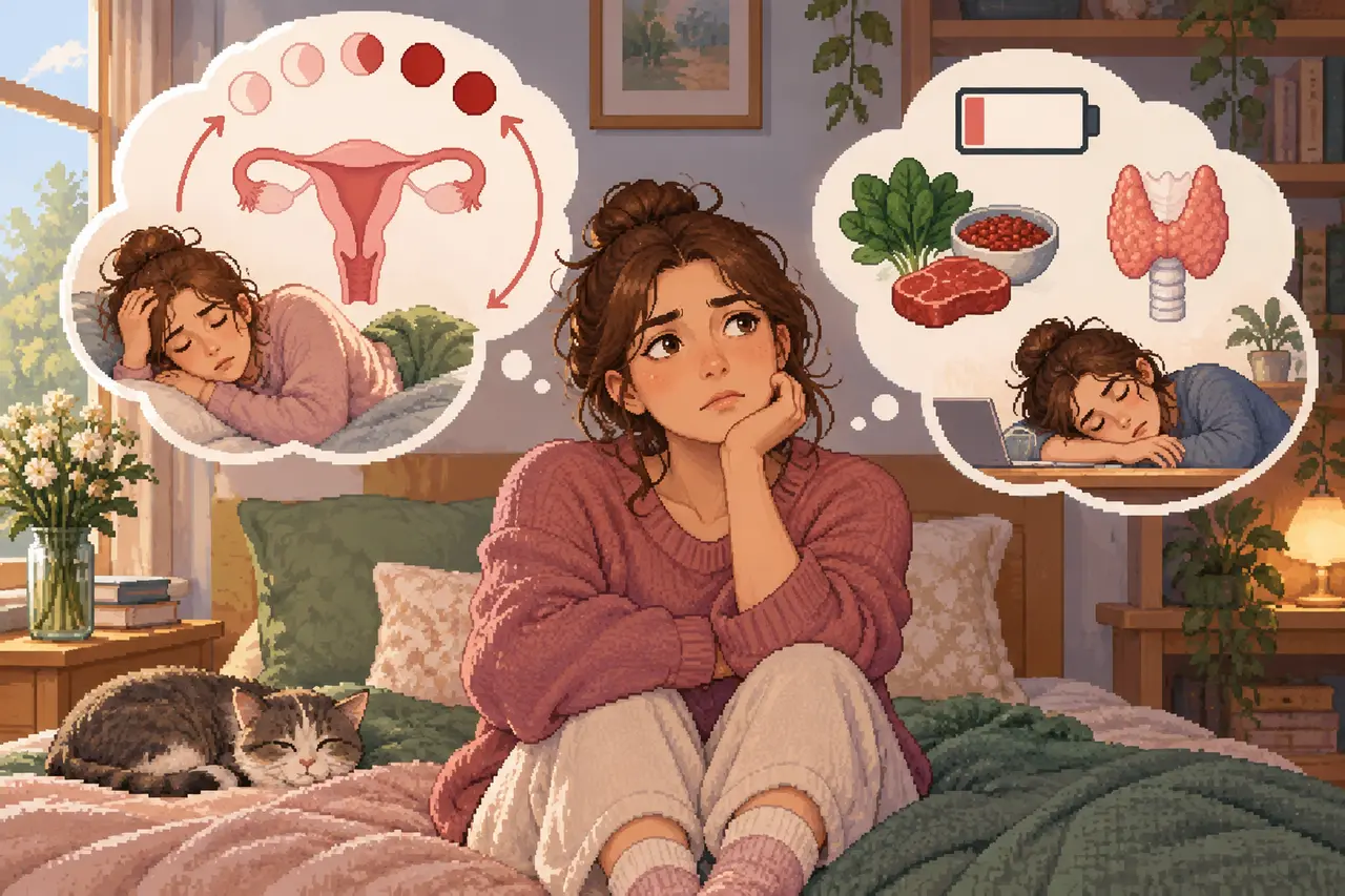 Pixel art illustration of a pensive woman sitting on her bed, flanked by thought bubbles depicting fatigue, the menstrual cycle, nutrition, and the thyroid.