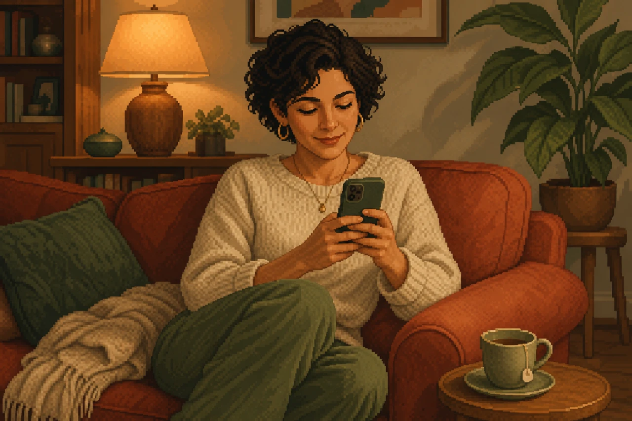A woman sits on a sofa and writes a message on her phone.