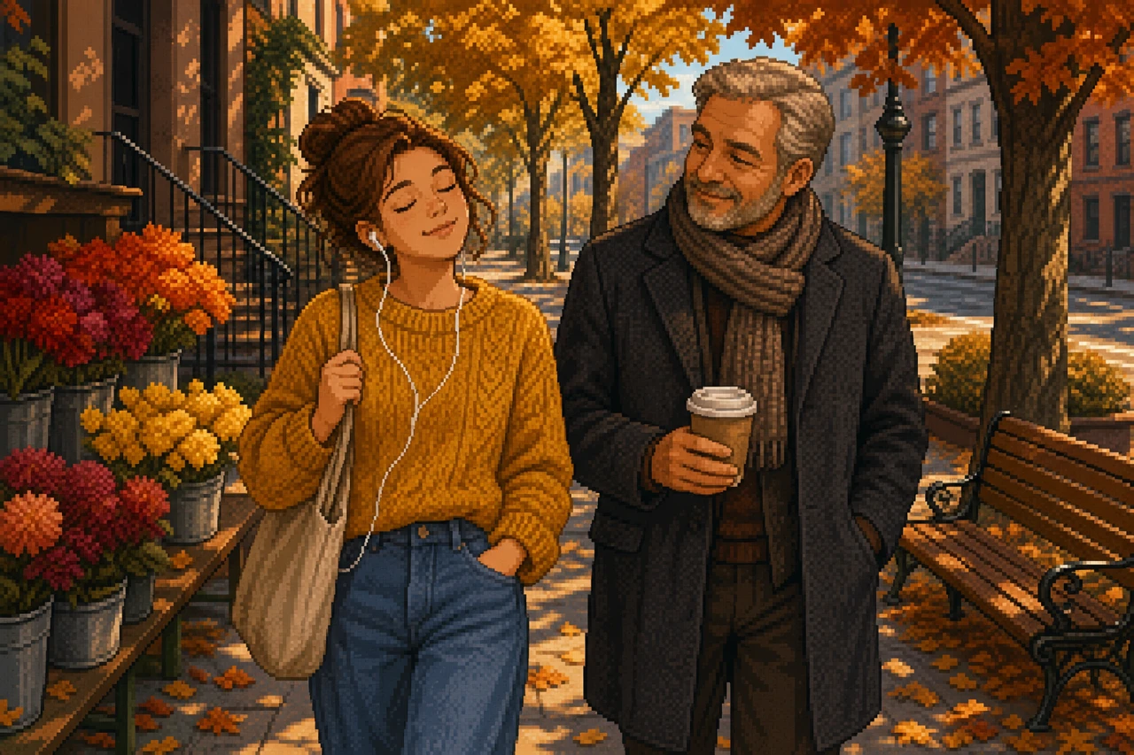 Pixel-Art-Szene eines freundlichen Moments im Alltag.