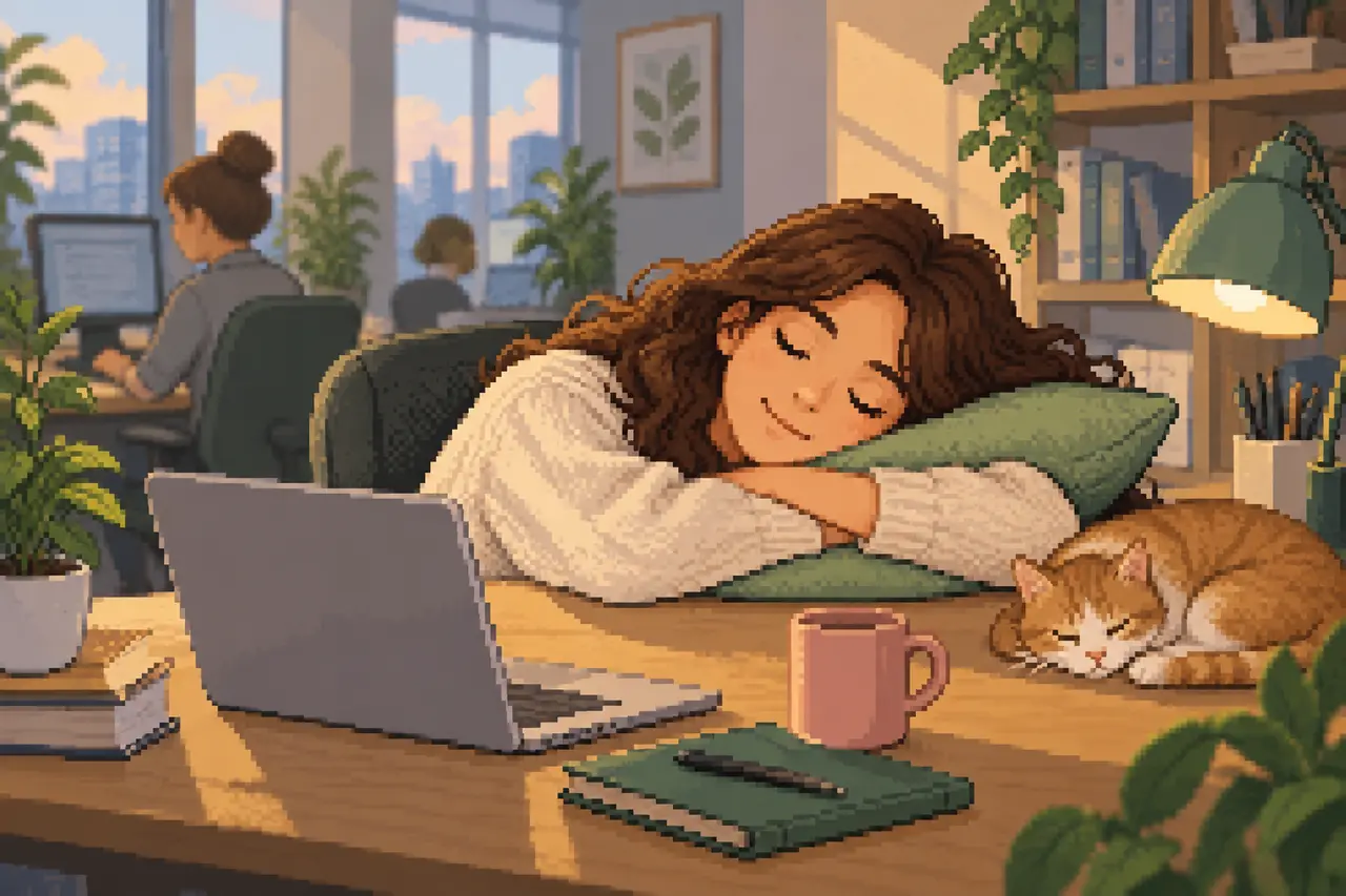 Pixel-Art-Illustration einer Frau, die an ihrem Schreibtisch im Büro auf einem Kissen schläft, neben einer schlummernden Katze.
