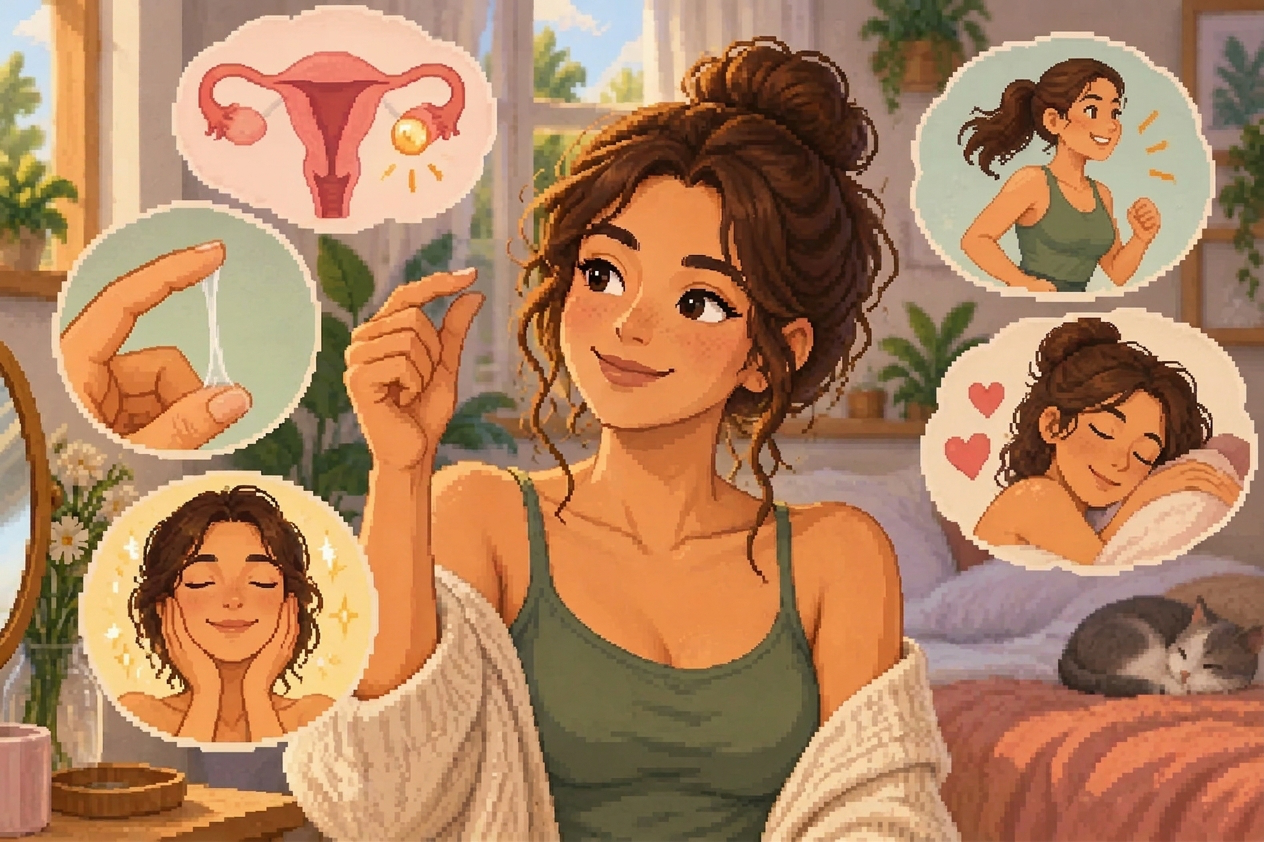 Digital illustration of a smiling woman checking cervical mucus, surrounded by thought bubbles showing ovulation symptoms in a cozy bedroom.