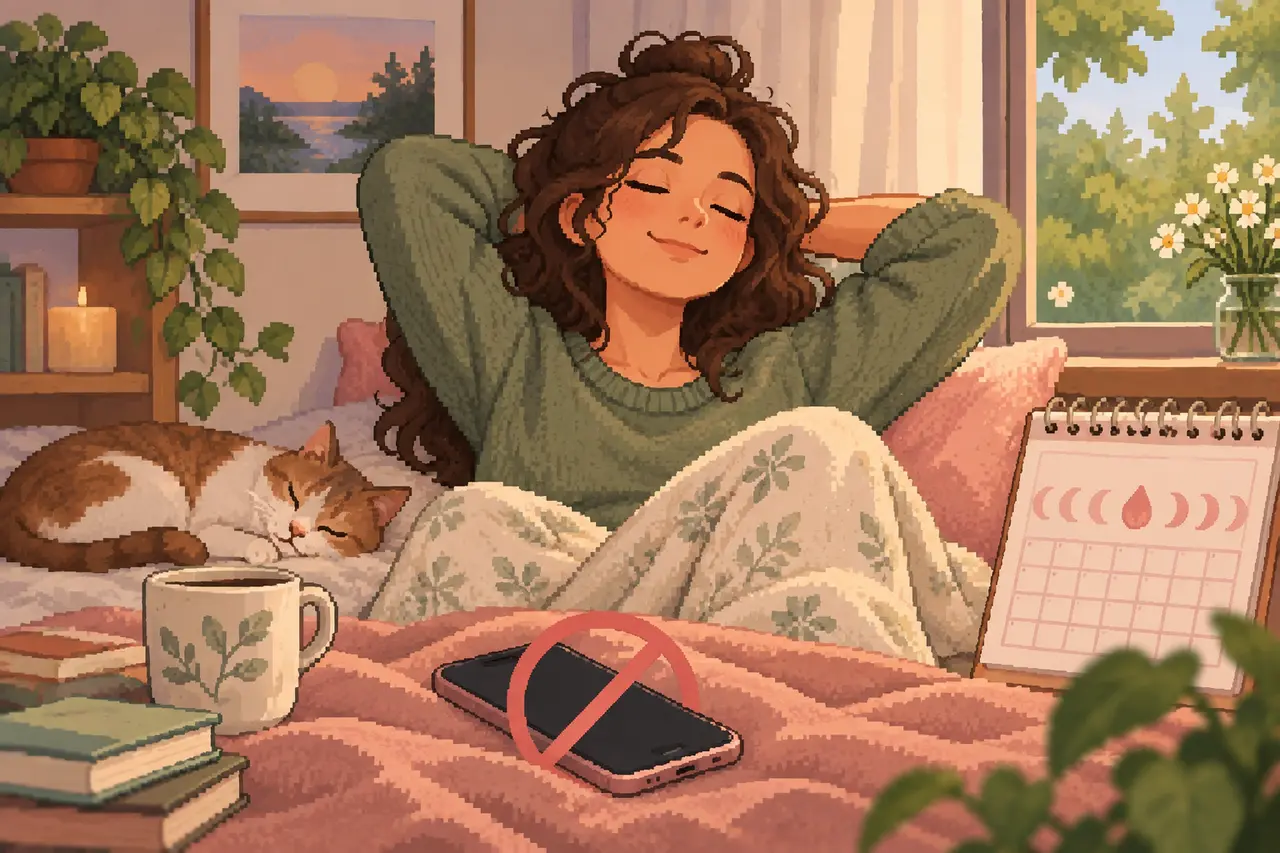 Pixel art illustration of a woman relaxing in bed beside a sleeping cat in a cozy bedroom.