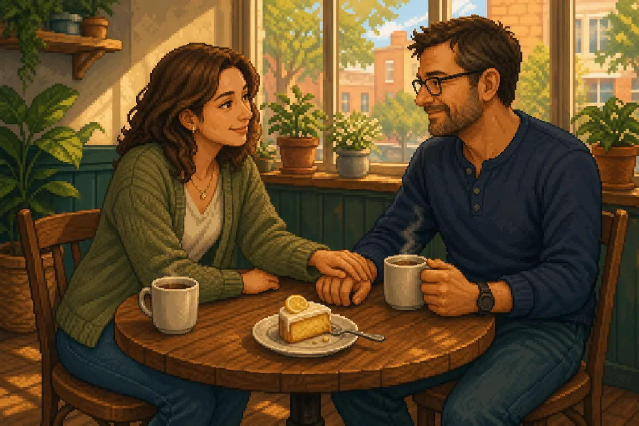 Pixel-art scene of a friendly everyday moment.