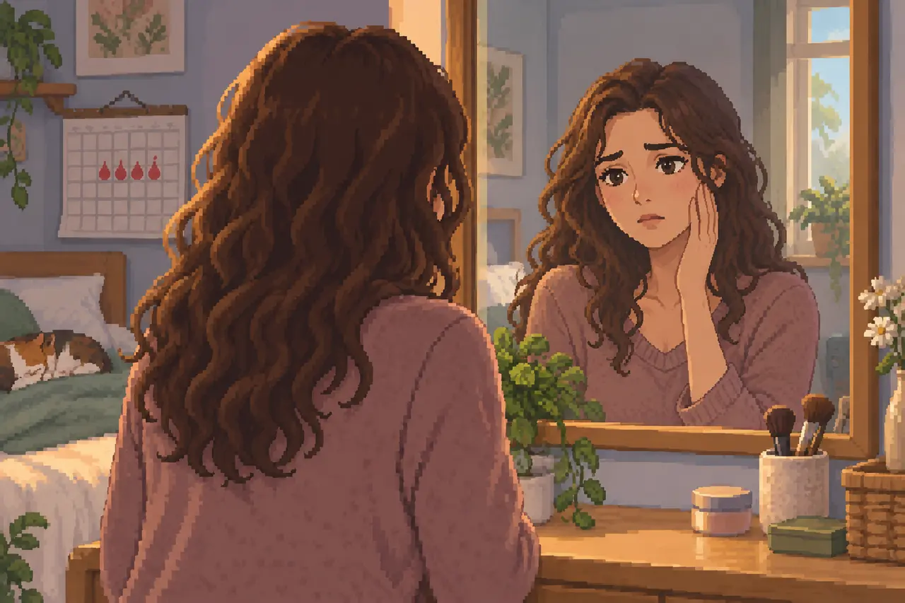 Pixel-Art-Illustration einer jungen Frau, die im Schlafzimmer nachdenklich in den Spiegel blickt und ihre Wange berührt.