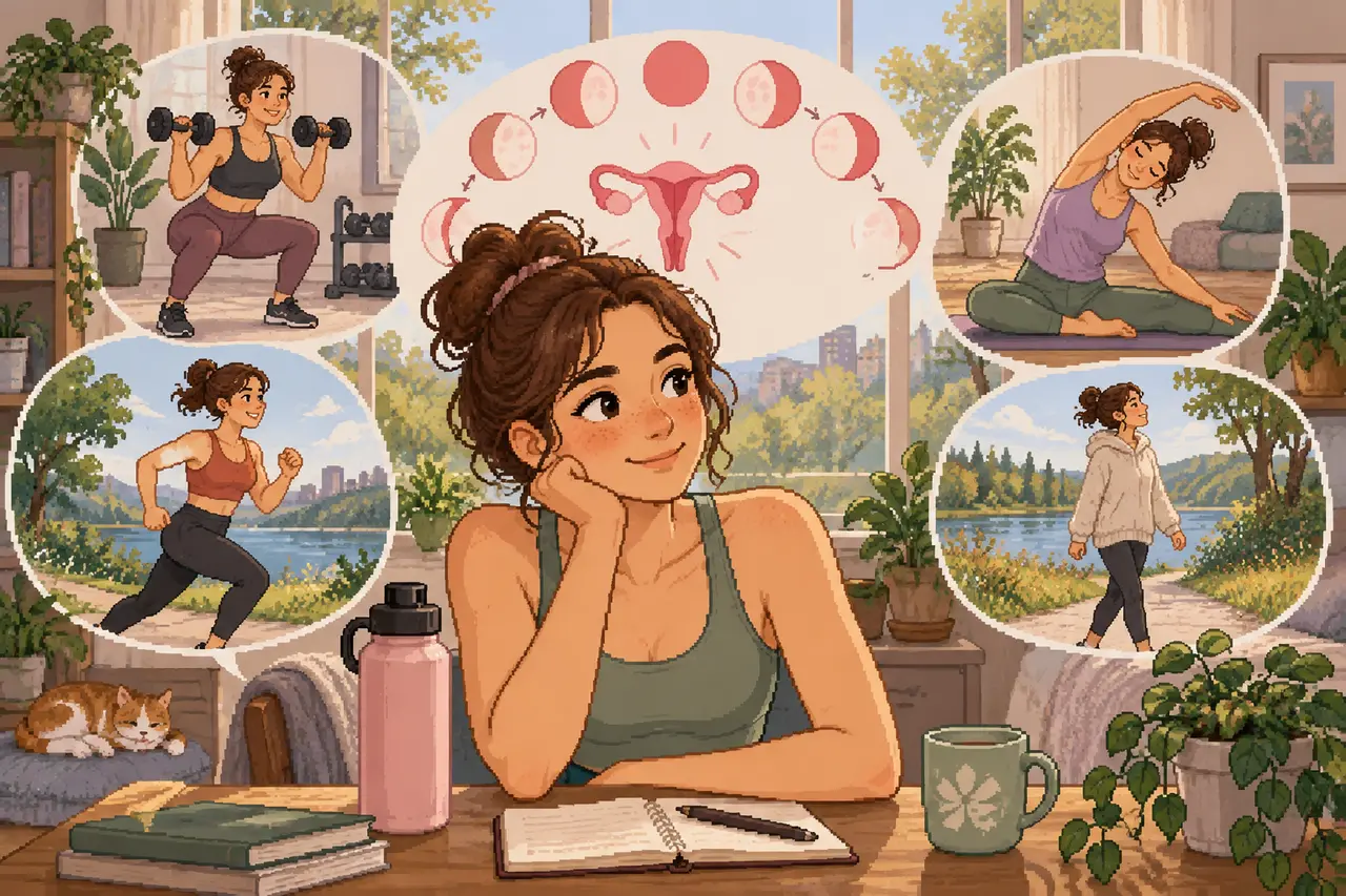 Pixel-Art-Illustration einer jungen Frau am Schreibtisch, die über Sportübungen und den weiblichen Zyklus nachdenkt.