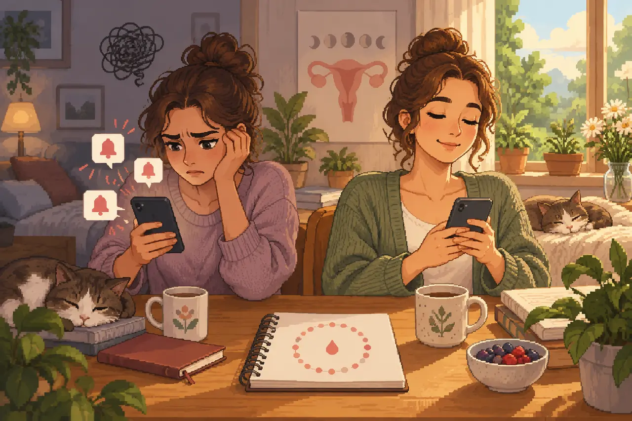 Pixel-Art-Illustration zweier junger Frauen an einem Holztisch, die auf ihre Smartphones blicken – eine gestresst, die andere entspannt.